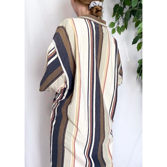 SOLD • Vintage Oversized Retro Striped Color Block Neutral Cotton Henley Top - Picture 5 of 8